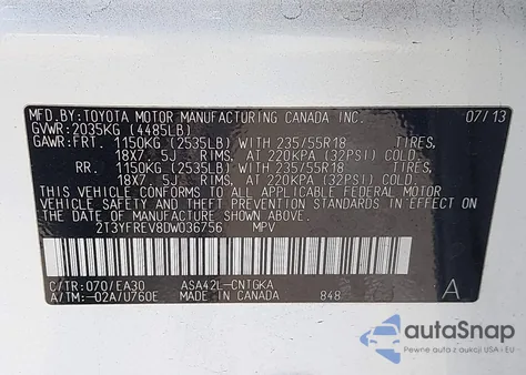 2013 Toyota Rav4 Limited from USA, damaged, VIN 2T3YFREV8DW036756